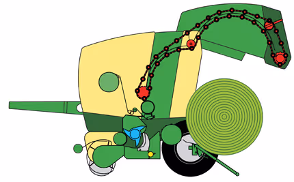 Teknisk diagram som viser luftstrøm og materialflyt gjennom Krone Fortima rundballpresse. Grønn rundball og røde piler illustrerer prosessen.