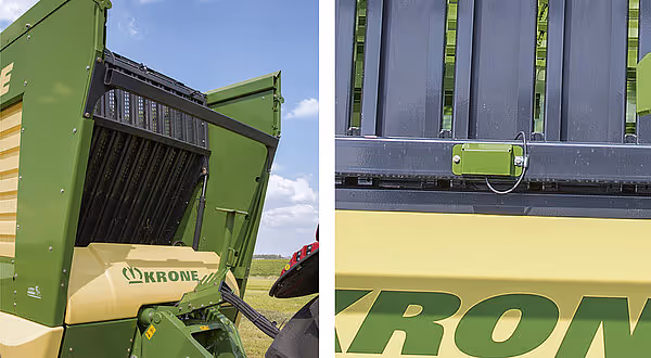 Åpen bakluke på KRONE MX silofôrvogn viser hakkekniv og gul sidefôring under feltforhold.