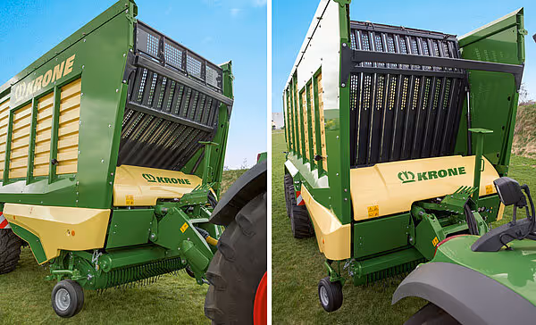 Detalj av bakenden på to Krone MX silofôrvogner med åpne utleveringskjermer.