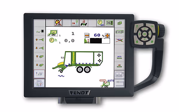 KRONE MX tablet med touchskjerm og styrespak viser grafisk brukergrensesnitt for styring av fôrvogn med vekt og kapasitetsdata.