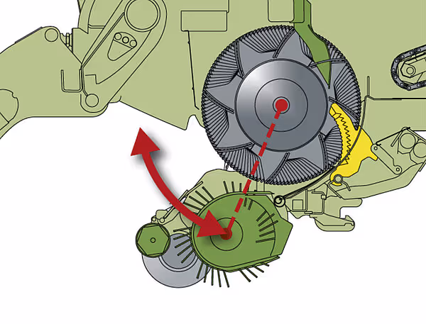 Teknisk tegning som illustrerer kraftoverføringen fra en rotor til meierigriberen på en skafthenger.