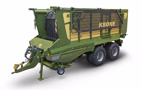 KRONE RX forvogn med åpen sideklaff som viser innvendig konstruksjon og belastningsmekanisme.