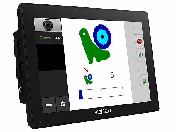 Isobus-display CCi 1200 viser kartleggingsdata med grønn og blå fargemarkeringer og tallvisning fra GPS-styrt hakkemaski.