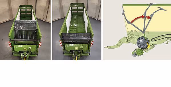 Tre ovenfra-bilder av KRONE RX silofyll viser lukkemekanisme, innvendig stokk-system og hydraulisk drivverk.