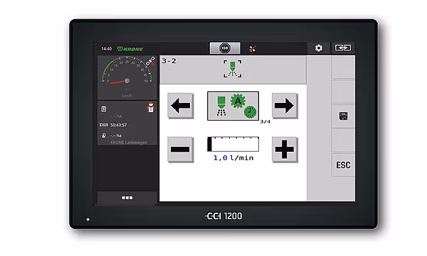 KRONE ISOBUS-display med GCI 1200-monitor viser driftsinformasjon og styringskontroller for høstmaskinen.