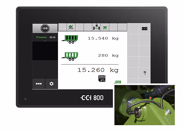 CCI 800 display viser vektdata for to høstevogner med henholdsvis 15.540 kg og 280 kg, samt totalvekt på 15.260 kg.