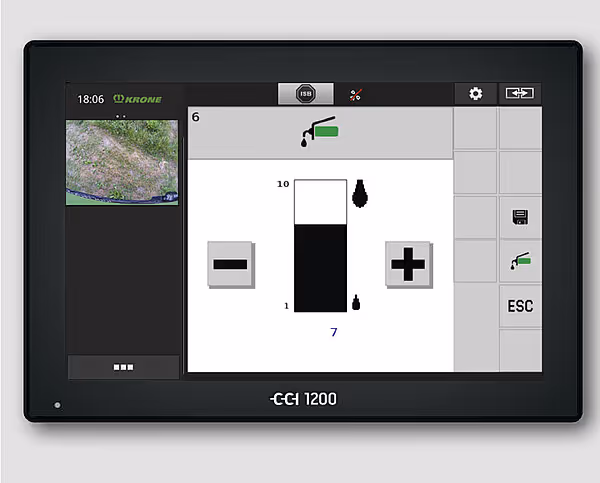 CCI 1200 display viser kalibreringsskjerm med navigasjonsmarkører og menyalternativer for justering av maskinparametere.