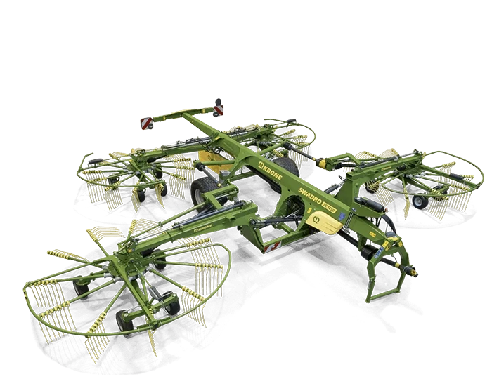 KRONE Swadro TC vendehark vist i 3D-rendering mot svart bakgrunn. Harken har grønn farge og multiple rotorer med tinder for vending av høy.