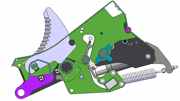 Teknisk tegning av bindemekanismen i KRONE VariPack Plus med kuttesystem og garnføring markert i farger.