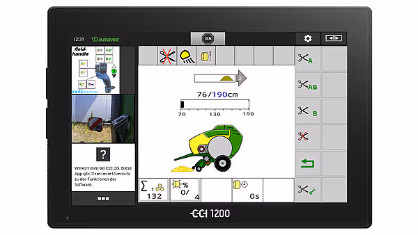 Digital kontrollskjerm fra CCI 1200 som viser innstillinger for KRONE VariPack Plus rundballpresse med grafisk visning av maskinens status.