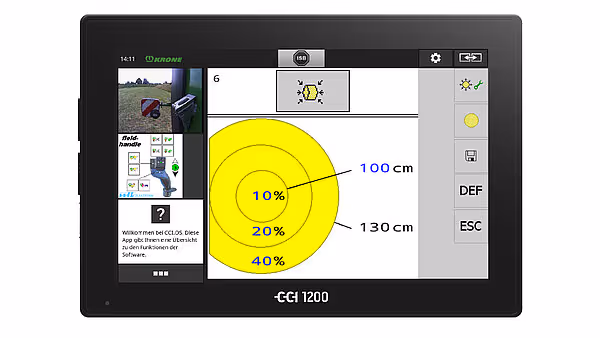 CCH 1200 kontrollterminal viser gul grafisk oversikt med sirkler og prosentandeler for overvåking av presseprosessen.