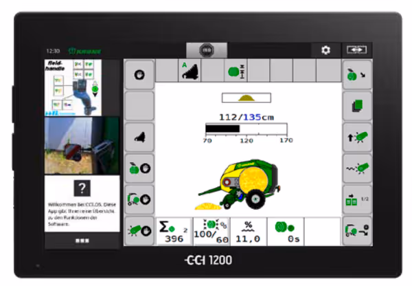 CCI 1200 kontrollskjerm viser KRONE-grensesnitt med oversikt over rundballpressens funksjoner og innstillinger. Skjermen viser baller produsert og ulike driftsparametere.