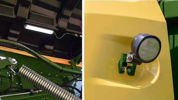Detaljer fra KRONE VariPack Plus viser en spiralfjær i venstre bilde og LED arbeidslampe montert på gul paneldel i høyre bilde. Begge komponenter er viktige deler av rundballpressens funksjonalitet.