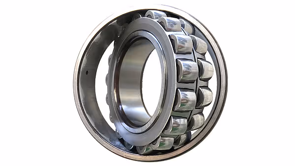 Et rullelager i tverrsnitt som viser stålkuler arrangert i to rader mellom indre og ytre ring. Dette er en standard type lager brukt i landbruksmaskiner.