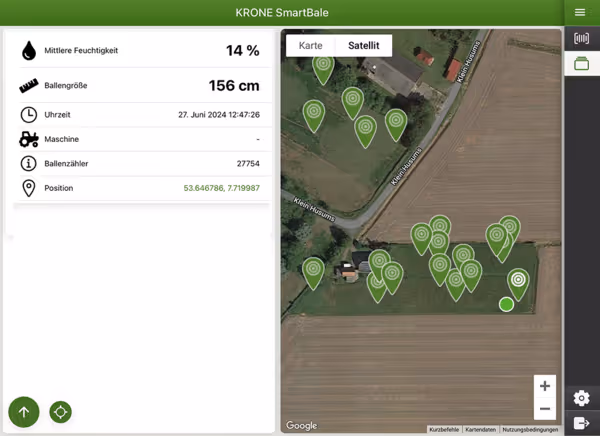 KRONE SmartBale applikasjon viser satellittbilde med GPS-posisjoner for ballepresser og balledata inkludert fuktighetsinnhold på 14% og ballediameter på 156 cm.