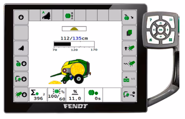 Fendt terminal viser KRONE ballepresser-interface med ballediameter måling på 112/135 cm og ulike styringsfunksjoner.