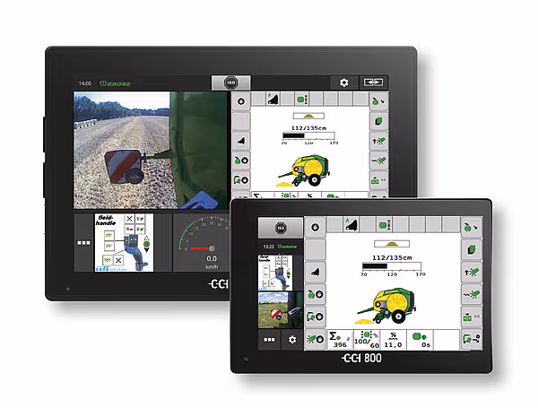 CCI 800 terminaler viser KRONE ballepresser-grensesnitt med kameravisning og maskinovervåking på to skjermstørrelser.