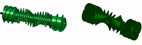 3D-modell av rotorskruer til KRONE VariPack Plus som viser spiralformede kniver for materialbearbeiding.