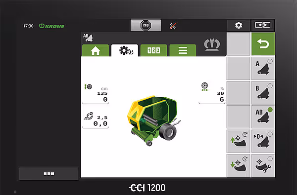 Skjermbilde fra CCI 1200 terminal som viser driftsdata og innstillinger for KRONE Varipack Pro rundballpresse.