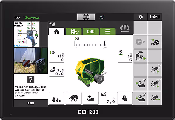 Kontrollskjerm for KRONE landbruksmaskin som viser ulike innstillinger og funksjoner for Varipack-modellen. Skjermen har grønn og gul fargekoding som matcher KRONE sin merkevareidentitet.