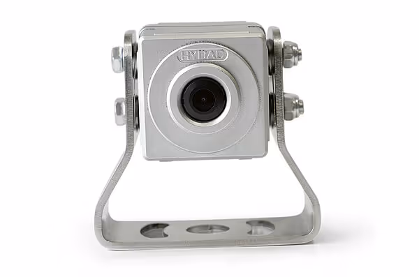 Sølvfarget HYDAC kamera eller sensor med monteringsfeste for overvåking av landbruksmaskiner.