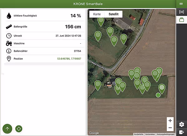 KRONE SmartBale applikasjon som viser maskindata og GPS-posisjon for rundballer på kart med 14% fuktighet og ballstørrelse 156 cm.