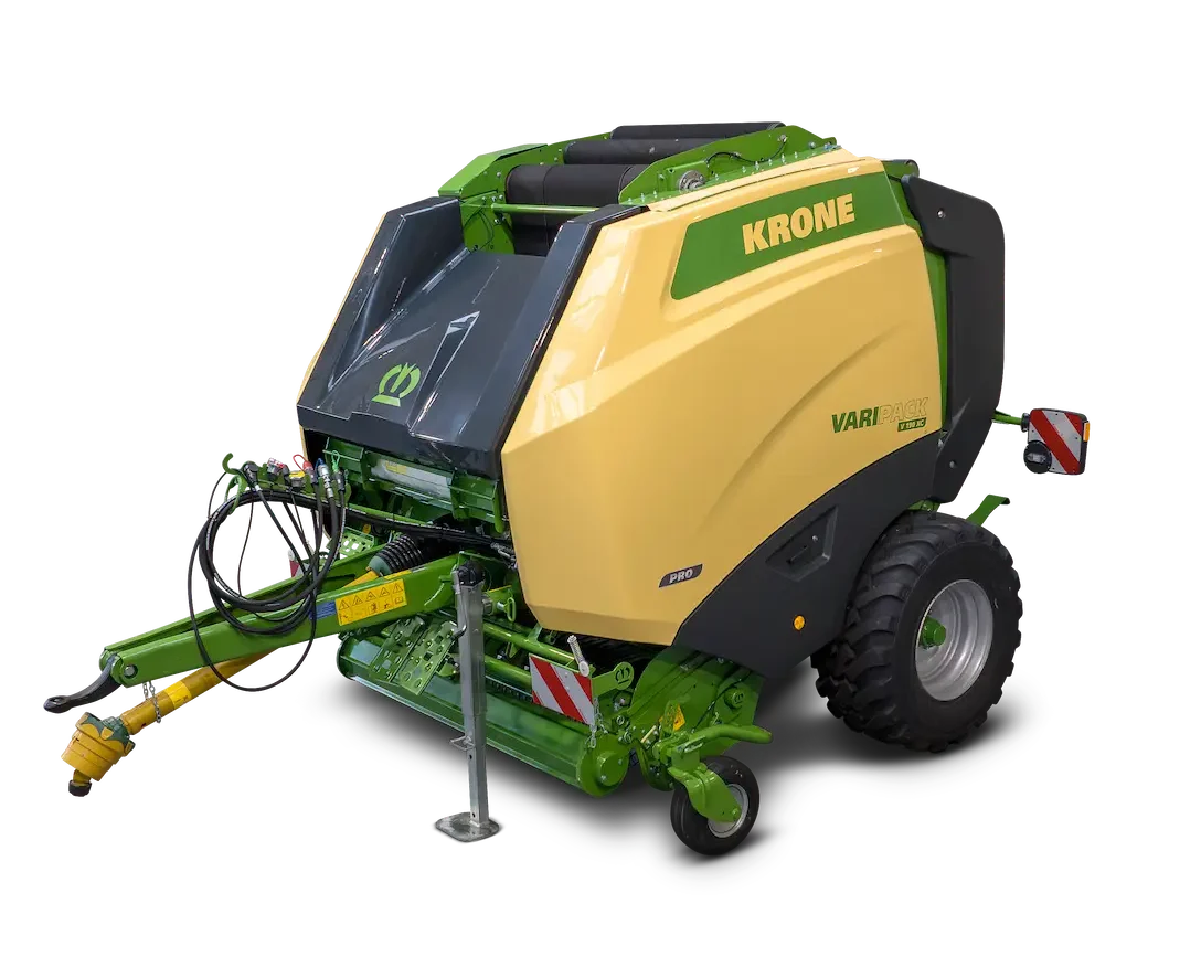 KRONE VariPack Pro rundballepresse sett fra venstre side, viser maskinens profil og design.