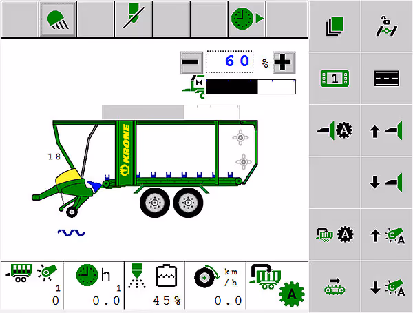 Skjermvisning av KRONE maskinens kontrollsystem som viser innstillinger og status for forhakseren.