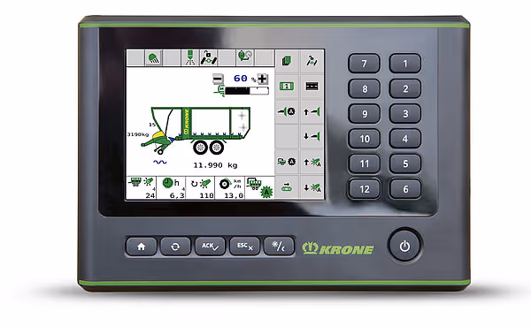 Kontrollskjerm fra KRONE landbruksmaskin som viser grafisk brukergrensesnitt med maskinikonet og numerisk tastatur.
