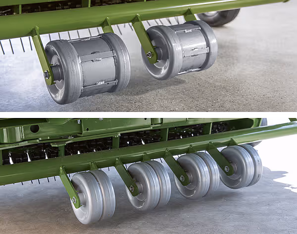 Doble kompaktrull-hjul på tåkekort og firekjørte hjul på høstingsmaskinen for optimal erdekomprimering.