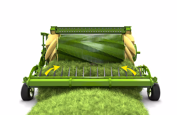 Frontalansikt av grønn KRONE-meiemaskin som høster og hakker gress, med knivvalser som skjærer planten.