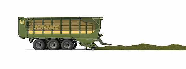 Sideansikt av grønn KRONE-vogn for oppsamling og transport av hakket foder fra meiemaskin.