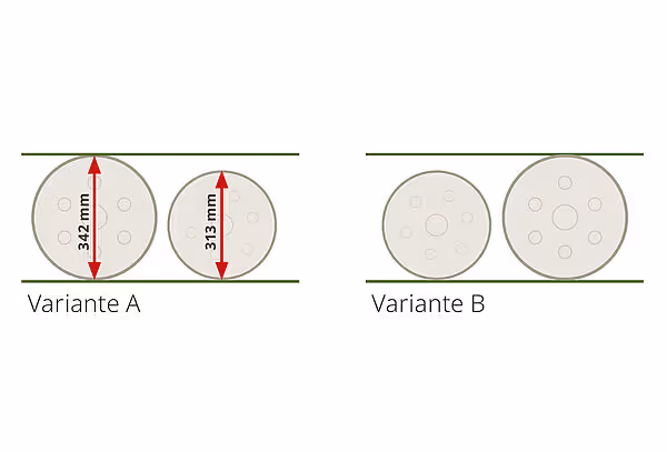Sammenligning av to varianter av rotorskiver: Variante A med diameter 342 og 313 mm, Variante B med mindre standardskiver.