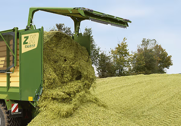 KRONE ZX silotailer med åpen oppsamler som leverer grønt fôr til lastevegg.