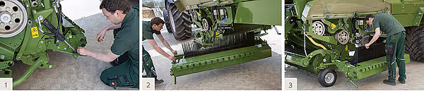 Tre demostrasjonsbilder som viser montering og justering av hakkselhakkeren, med arbeidere som utfører vedlikeholdsarbeid.