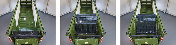 Oversiktsbilde av KRONE ZX silokjerre sett fra oven, som viser åpningen av fyllingsluka og innredningen av oppsamlingsbeholderen.