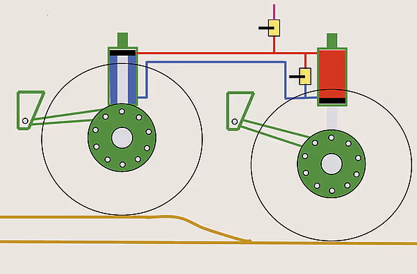 Teknisk tegning av tandemakselkonstruksjon med hydrauliske sylindrer og fjæringssystem for vogn.