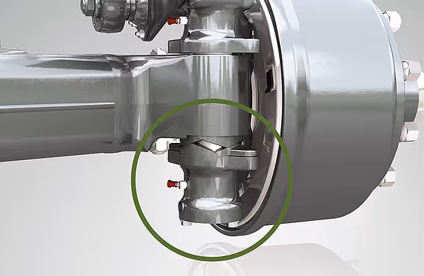 Detalj av kulissefremmekoblingen på Krone ZX-vogn med grønn sirkel rundt låsemekanisme.