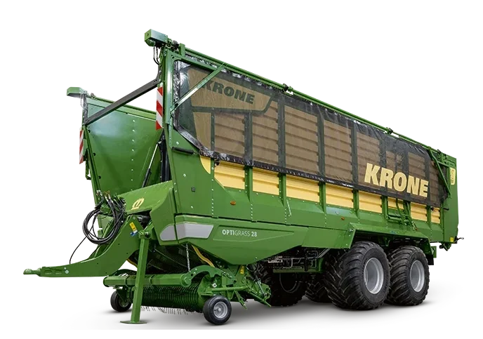 KRONE ZX selvlastende forvogn i grønn farge med stor lastekasse og frontmontert oppsamlingssystem mot svart bakgrunn.