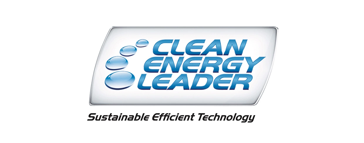 Clean Energy Leader-logo – New Holland-logo med teksten “Clean Energy Leader – Sustainable Efficient Technology”.