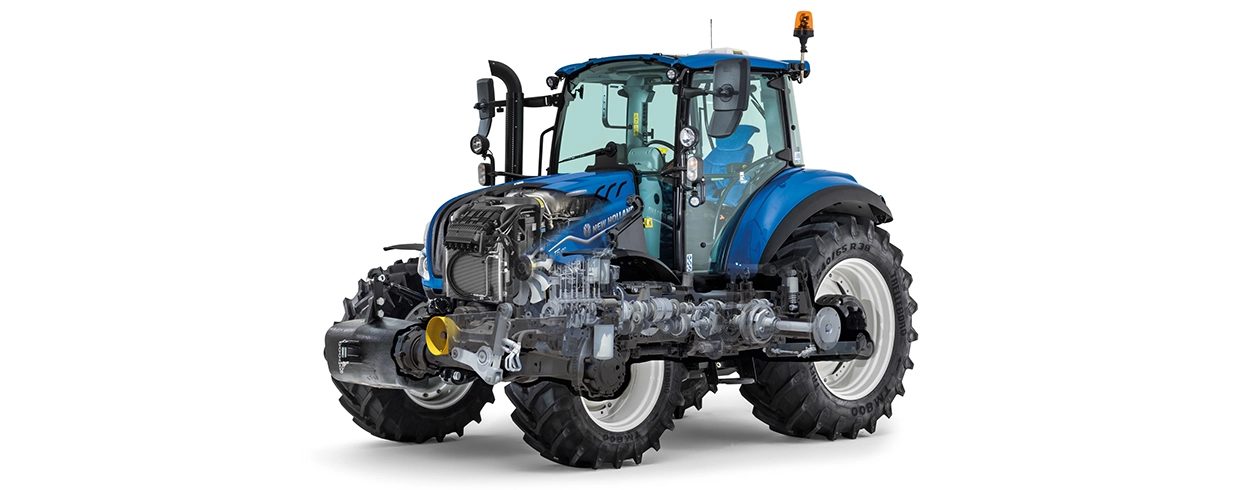 Gjennomsiktig visning av New Holland-traktor – Illustrasjon av en New Holland-traktor med synlige interne komponenter som motor og girkasse.