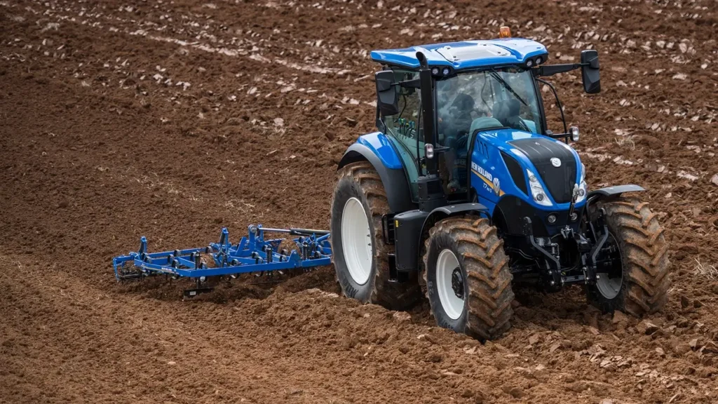 New Holland T7S pløyer åker sett forfra fra siden.