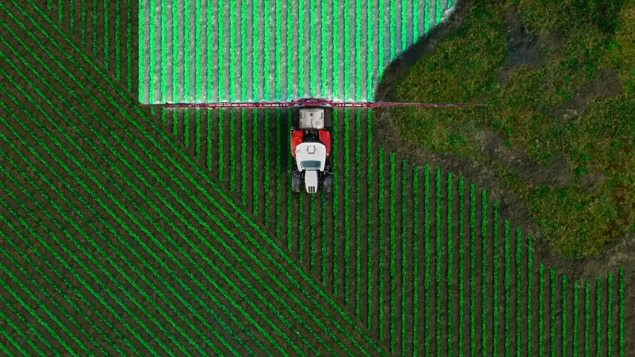 Luftfoto av en Steyr-traktor med sprøyteutstyr som arbeider på en åker, med grønne avlinger organisert i perfekte rader, og en del av åkeren som nettopp har blitt behandlet.