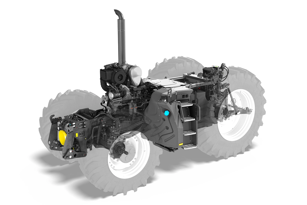 Gjennomsiktig 3D-visning av Steyr Terrus traktorens chassis, motor og drivlinje, som viser de interne komponentene.