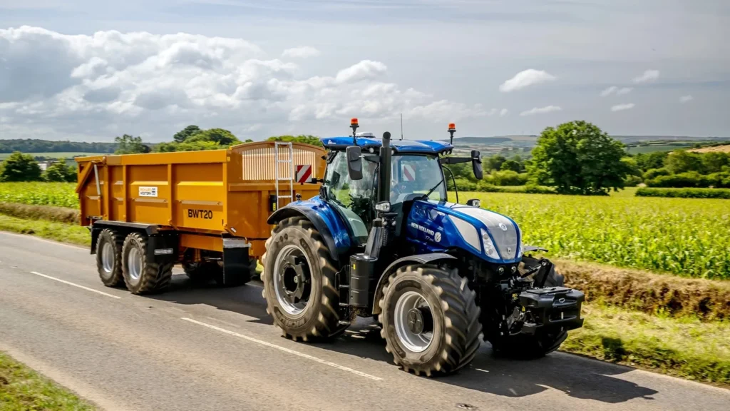 En New Holland T7 LWB-traktor med frontlykter som lyser opp et felt under skumring, utstyrt med en gul presse, som viser allsidighet og kapasitet.